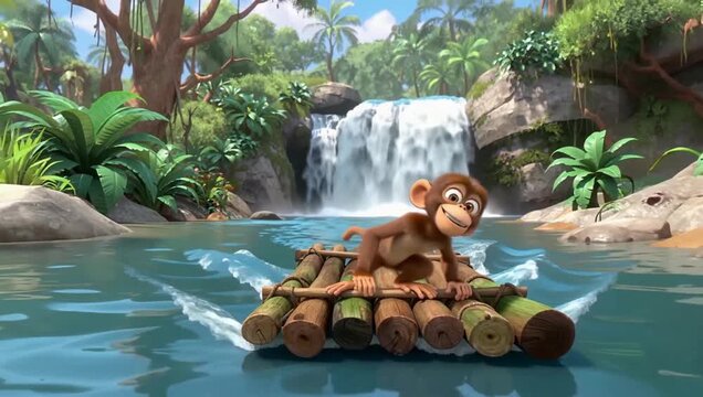 A cheerful cartoon monkey embarks on a jungle river adventure, sailing a log raft in a stunning digitally generated tropical paradise