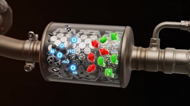 Exhaust system showcasing catalytic converter function, highlighting gas flow, filtration process, and chemical reactions, illustrating engine efficiency and environmental impact