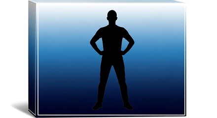 A black silhouette of a man stands with hands on hips inside a gradient blue rectangular block