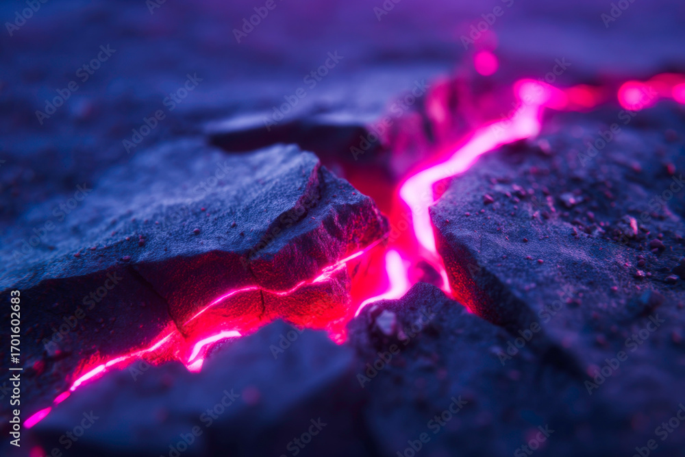 Poster a powerful abstract image of a fractured surface with vibrant glowing red energy lines