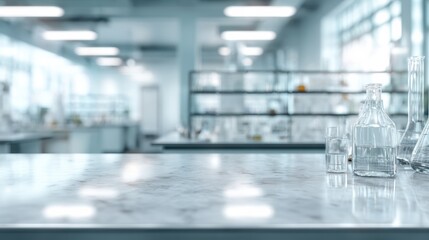 A clean laboratory environment with glassware and a marble countertop, perfect for experimental and scientific imagery.