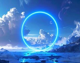 Obraz premium A breathtaking, luminous blue ring frames a serene landscape of icy mountains and a placid, cloud-filled sky.