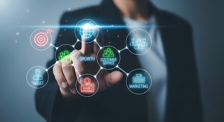 Business growth strategy diagram with icons for target customer service and marketing image