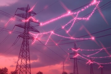 Vibrant pink electric cables glow in the evening sky above transmission towers at sunset