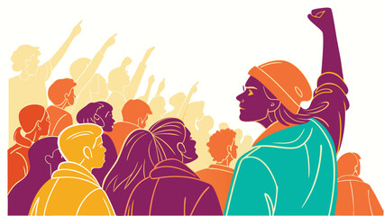 A person in the foreground with a raised fist addresses a diverse crowd, signifying leadership and collective power, isolated on white background