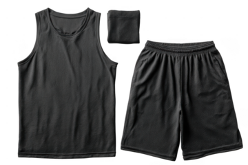 A set of black athletic wear including a sleeveless tank top, shorts with an elastic waistband, and a wristband, all made from breathable mesh fabric.