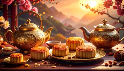 Mid-Autumn Festival Celebration with Mooncakes and Teapots