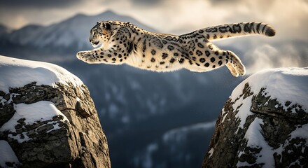 A majestic snow leopard leaps across a snowy chasm between two rocky outcrops, showcasing its agility and power in its natural mountain habitat.