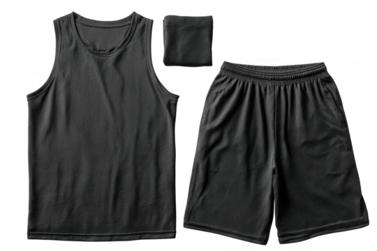 A set of black athletic wear including a sleeveless tank top, shorts with an elastic waistband, and a wristband, all made from breathable mesh fabric.