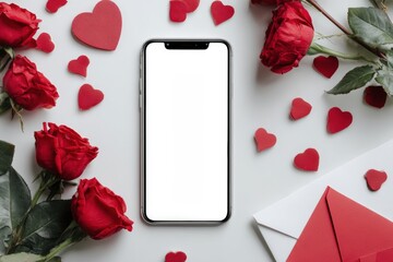 Smartphone surrounded by red roses and hearts