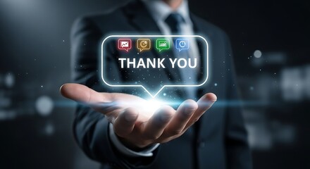 Businessman Offers Glowing Thank You Message on Open Palm with Icons gratitude appreciation