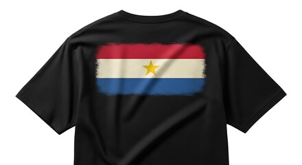 A black t-shirt displays a rectangular flag design featuring red, white, blue bands and a gold star