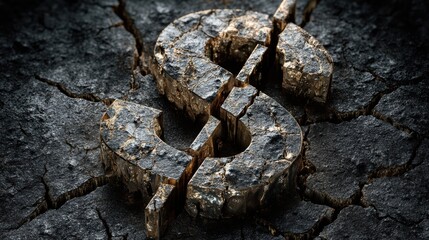 A cracked dollar sign symbolizing economic challenges and financial instability on a dark surface.