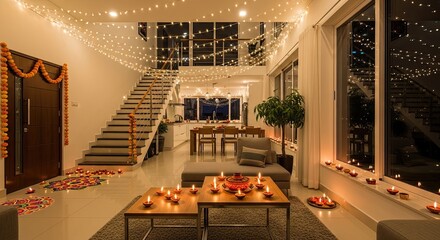 Photo of a beautifully decorated living room with traditional diwali decorations, including string lights, candles, and flower petals, creating a warm and festive atmosphere