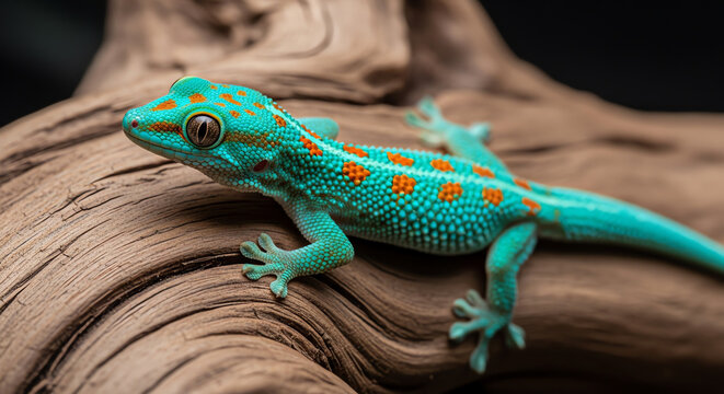 A vibrant turquoise day gecko with bright orange spots perches on a weathered branch, showcasing exotic reptile beauty in a detailed macro photograph