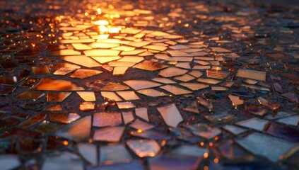 Broken glass mosaic floor at sunset