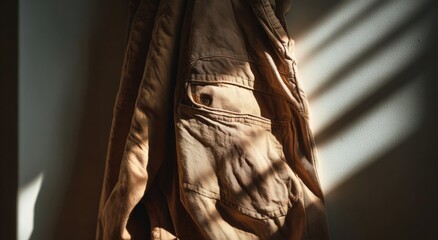 A light brown jacket hangs on a wall, sunbeams illuminating its texture