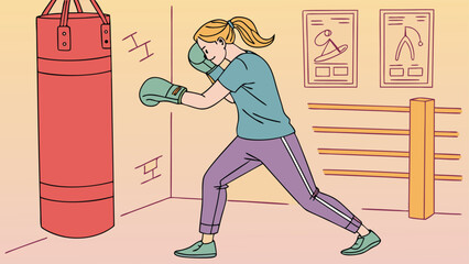 Woman practicing boxing punches on a heavy bag in a gym, engaged in a healthy workout routine