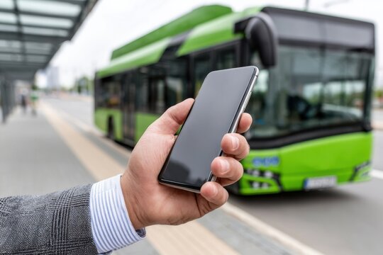 Fototapeta A hand holds a smartphone at a bus stop, with a blurred modern green public transport bus in the background.