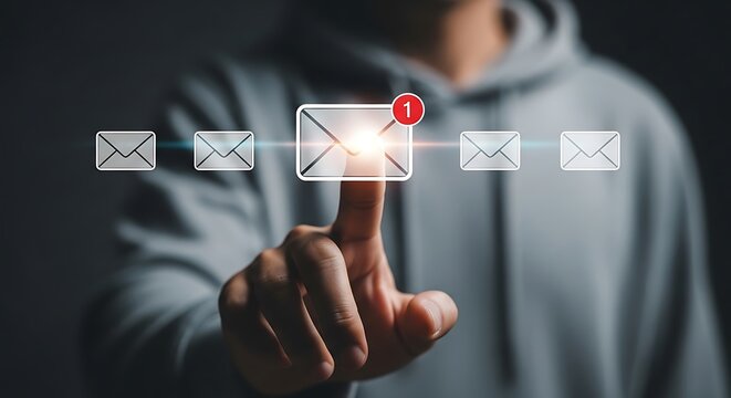 Finger touching an email icon with a notification badge message communication