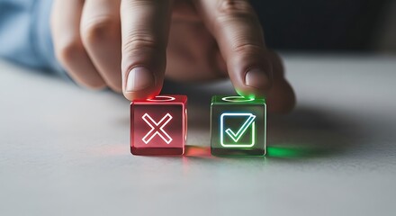 Fingers choosing between glowing red cross and green checkmark dice choice decision