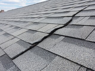 A close-up view of a grey asphalt shingle roof showing a diagonal crack or damage, with a cloudy sky in the background.