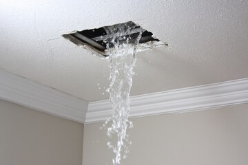 A significant amount of water is streaming from a square hole in a textured white ceiling, indicative of a severe plumbing issue.