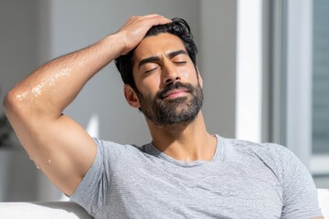 A man with closed eyes, sweat glistening on his face and arm, hand on his head, in bright sunlight.