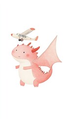 Cute Cartoon Dragon with Airplane Flying Above in Pastel Colors