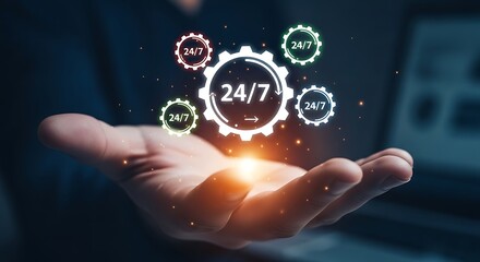 Hand holding glowing 24/7 service icons with gears and lights support round the clock