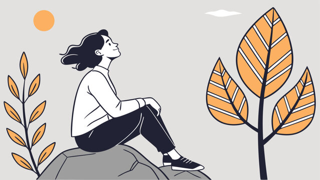 A woman sits peacefully on a rock outdoors, surrounded by autumn trees and leaves, enjoying a serene moment of contemplation