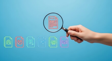 Hand holding magnifying glass over document icons on blue background review search