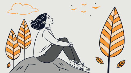 A woman sits on a rock outdoors, gazing at the sky with autumn trees and leaves, embodying a sense of calm and peaceful reflection