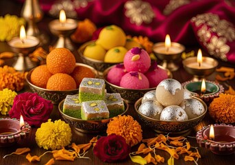 Photo of a vibrant and colorful diwali sweets arrangement featuring laddu, barfi, diya lamps, and flowers, creating a festive and delicious celebration of light