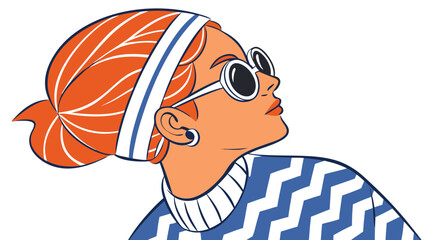 Fashionable woman with orange hair and retro sunglasses, wearing a blue zigzag sweater, isolated on white background