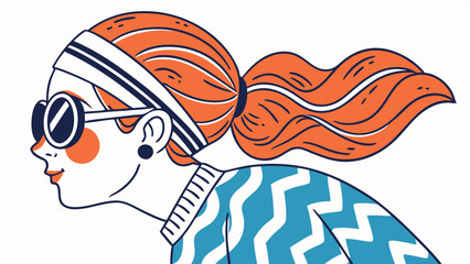 Trendy woman with orange hair and retro sunglasses, wearing a blue zigzag sweater, isolated on white background
