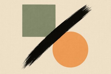 Minimalist abstract artwork with green square, orange circle, and bold black diagonal brushstroke