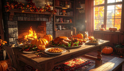 Cozy Thanksgiving Dinner Table with Roast Turkey, Vegetables, Mashed Potatoes, and Seasonal Dishes in Rustic Dining Room with Fireplace, Warm Autumn Harvest Family Celebration Background