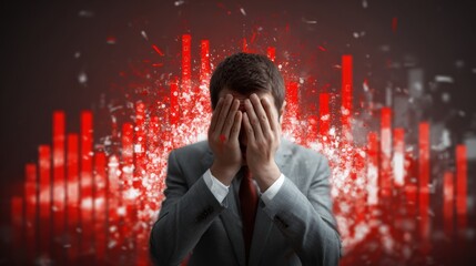 A man in a suit clutches his head in despair amid a backdrop of chaotic red graphics, symbolizing stress and anxiety.