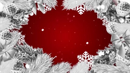 Festive frame with white Christmas decorations including ornaments, bows, and snowflakes on a red background. - Powered by Adobe