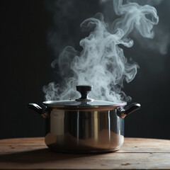 Cooking pots, cooking pots, rice cookers, smoke rising from pots, food smoke, kitchen appliances Generative AI