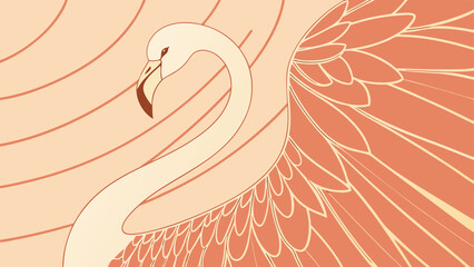 Stylized flamingo with flowing feathers and curved neck, a graceful illustration with a retro art nouveau aesthetic