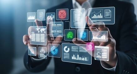 Person interacts with holographic display of data analytics and business dashboards technology