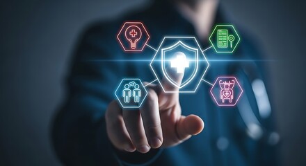 Person pointing at shield icon with healthcare and community symbols protection medical