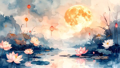 Watercolor Lotus Pond with Full Moon