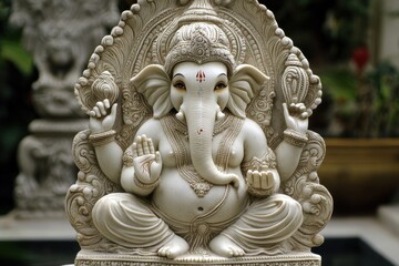 Serene White Statue of Ganesha in Tranquil Garden Setting
