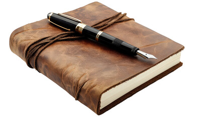 Brown leather journal with twine and a fountain pen isolated on transparent background