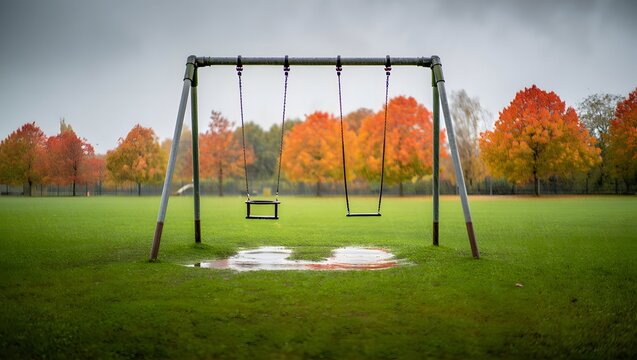 Empty swingset in autumn park with colorful trees and puddles