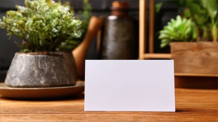 Blank White Card Mockup on Wooden Table with Plants