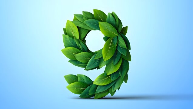 Number nine made of lush green leaves on a soft blue background